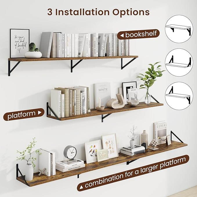 Axeman Deep Floating Shelves | 55 Inch Brown Wall Shelves Set of 2 | 10 Inch Deep Wood Floating Shelves for Wall | 55" W x 10" D Rustic Brown Shelves for Living Room Bathroom Kitchen