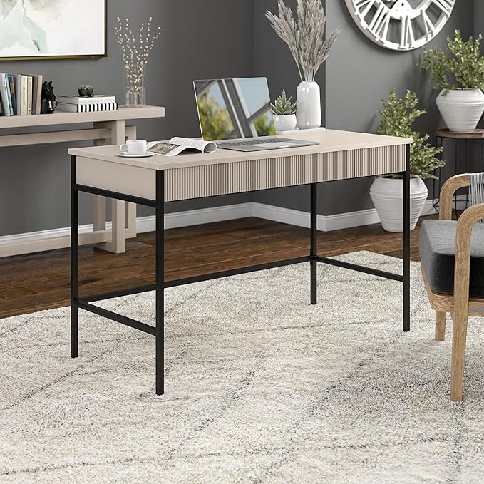 Henn&Hart 48" Fluted Mid-Century Modern Rectangular Wooden Home Office Desk Computer Desk Writing Table with 3 Ribbed Storage Drawers for Bedroom, Living Room, or Home Office, Beech White