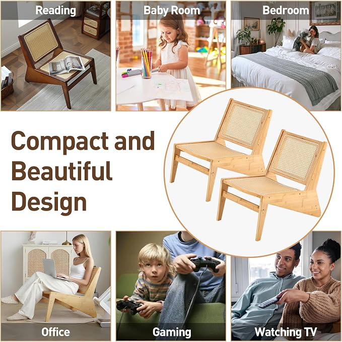 Welnow 2-Pcs Mid Century Rattan Accent Chair, Bamboo Wood Lounge Chair with Woven Cane Backrest, Low Armchair for Living Room, Bedroom, Balcony or Reading Corner, Natural