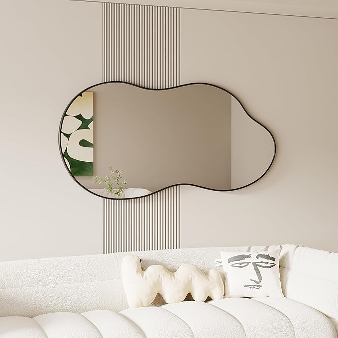 Irregular Wall Mirror - 28''×55'' Asymmetrical Decorative Tempered Glass Aluminum Alloy Framed Mirrors Cloud Mirror Wavy Mirrors for Bathroom, Bedroom, Living Room, Entryway（Black）