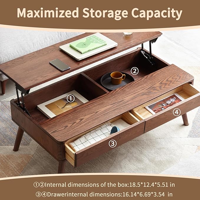 Solid Wood Coffee Table with Drawers, Natural Wooden Center Table for Living Room, Easy-to-Assemble Low Desk, 47.24" W × 23.62" D × 17.72" H for Home Office (47.24" Solid Wood Coffee Table)