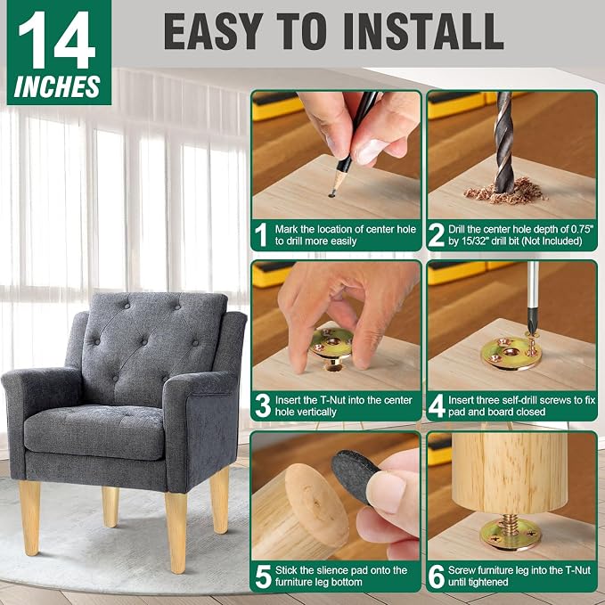FoDau770 Rubber Wood Furniture Legs 14 Inches, 5/16" UNC Straight Tapered Wood Feet Mid Century Sofa Legs, Wooden Furniture Feet Replacement Parts for Cabinet Couch Dresser Chair Ottoman Table