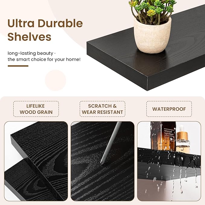 Square Floating Shelves for Wall, 9.25"W x 9.25"D x 1.25"H, 3 Pack Small Wall Mounted Engineered Wood Shelves with Invisible Brackets for Living Room, Bedroom, Bathroom, Kitchen Decor, Black