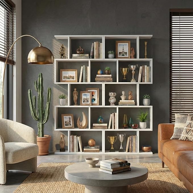 5-Tier Geometric Bookcase (Set of 2), 62.6" Tall S-Shaped Bookshelf & Room Divider, Modern White Freestanding Display Shelving Unit for Living Room, Hallway, Home Office