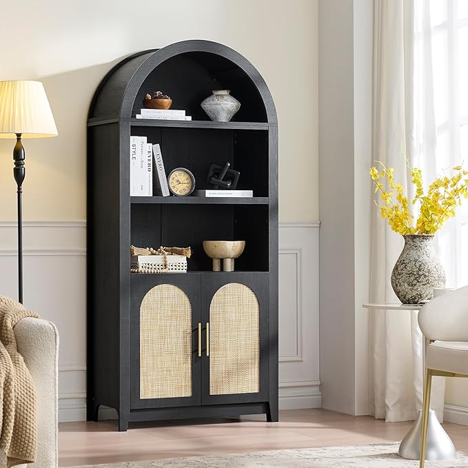 RowyPoey Rattan Arched Cabinet Bookshelf - 69.3” Tall Mid Century Display Cabinet, Rounded Bookcase with Rattan Doors, Open Shelf Storage for Dining Room (Black, 2 PCS)