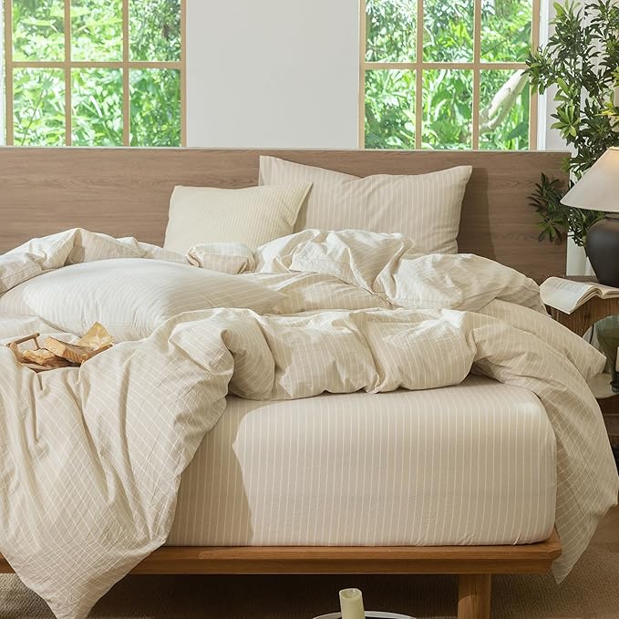MooMee Striped Duvet Cover Set 100% Washed Cotton Linen Like Textured Breathable Durable Soft Comfy (Almond Milk Grey White Wide Stripes, Twin 68"x90")