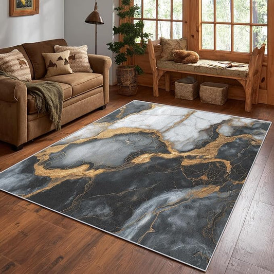 Black White Gold Marble Area Rug, Modern Abstract Pattern Carpet, Washable Non Slip Low Pile Soft Thin, Living Room Bedroom Home Decor Mat 6x8ft