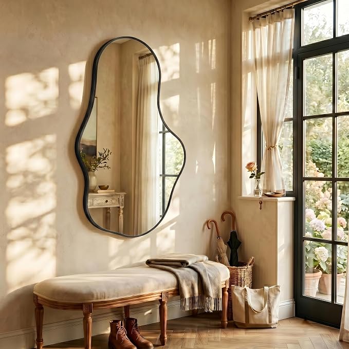 Dorlicecass Irregular Wall Mirror - Wall Mirrors Decorative 22"x 36" Asymmetrical Abstract Mirror Aviation Aluminum Alloy Frame Unique for Bathroom, Bedroom, Living Room, Cloakroom, Entryway Black