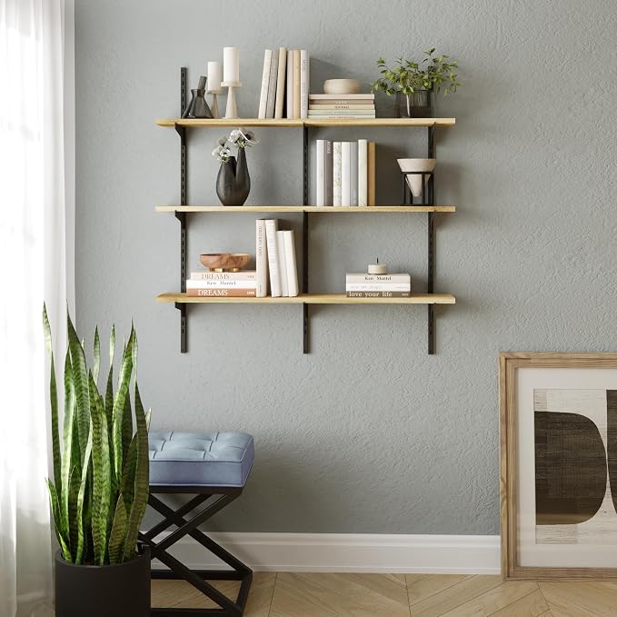 Wallniture Turin 36 inch Wooden Wall Shelf Unit, Height Adjustable Wall Shelves for Display, Storage, Organization and Decor, Kitchen Organizer Shelf, Floating Bookshelves for Living Room, 3 Tier