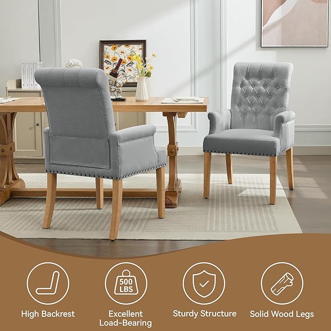 Fabric Dining Chair with Arms, Upholstered Tufted High Back Dining Room Chairs, Accent Armchair with Solid Wood Leg and Nailhead Trim, Kitchen Dining Living Room, Light Grey
