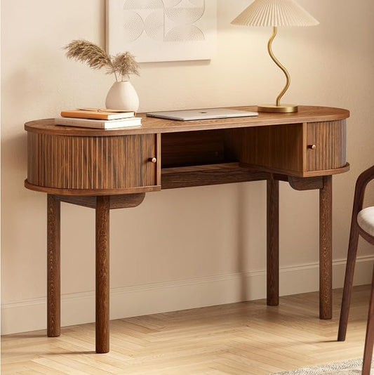 WERMO 51'' Small Wood Writing Desk and Makeup Vanity Desk with Storage and Sliding Doors - Narrow Computer and Work Table for Home Office, Modern Vanity, Brown Dressing Table for Bedroom (Walnut)