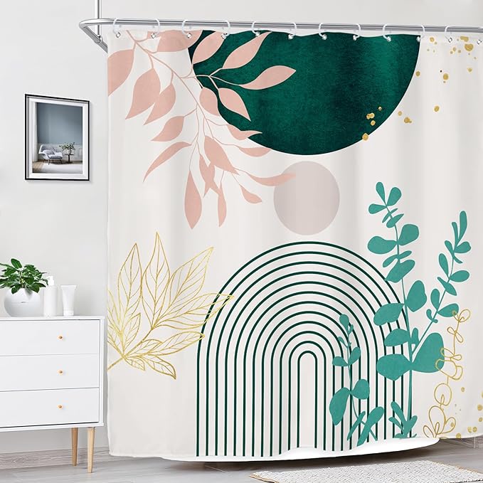 Riyidecor Sage Green Pink Boho Shower Curtain for Bathroom Decor 72Wx72H Mid Century Modern Leaves Contemporary Bohemian Arch Art Printed Fabric Polyester Waterproof 12 Pack Plastic Hook