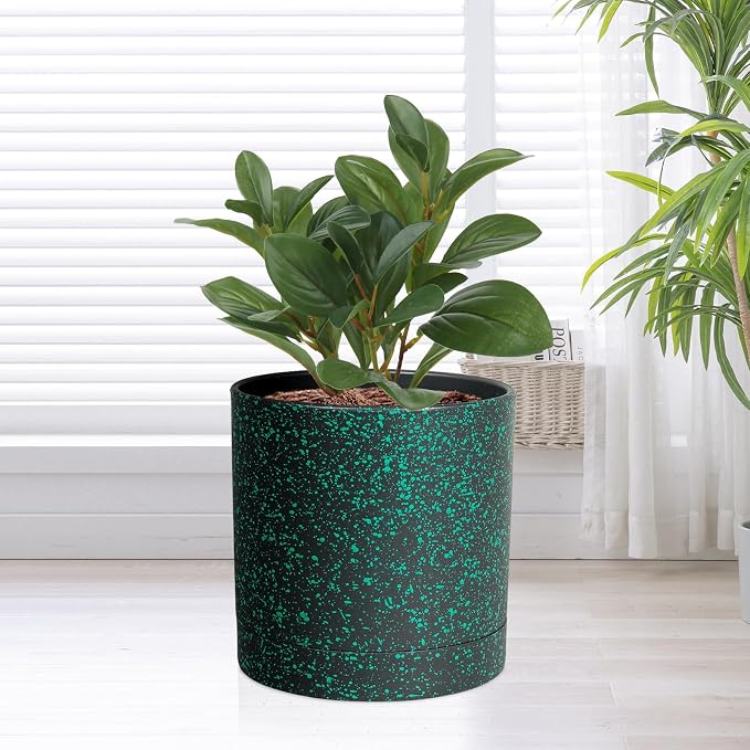 Meowell 7/6.5/6/5/4 inch Plant Pots, 5 Pack Cylinder Flower Pots for Small Indoor Outdoor Plants, Plastic Planters with Drainage Holes and Saucer for Garden Succulent Plants, Black With Green Speckles