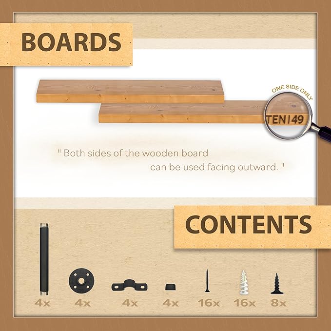 TEN49 Real Wood Rustic Floating Shelves Wall - 24 Wide Small Wooden Industrial Pipe Shelving - Farmhouse Pipe Wall Shelves Furniture Bathroom Decor Art Shelf Kitchen - Light Walnut Color - Set of 2