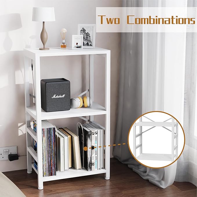 YAKANJ End Table with LED Light,Record Player Stand with Albums Storage,Vinyl Records Storage,Turntable Stand Side Table for Music Room Studio Living Room Bedroom-Rustic White