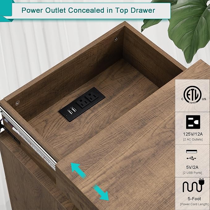 Led Nightstand with Charging Station, Hexagonal Fluted Night Stand with Sliding Top, Wooden Bedside Table with 3 Drawers, Modern Bed Side End Table for Bedroom, Living Room, Walnut Brown