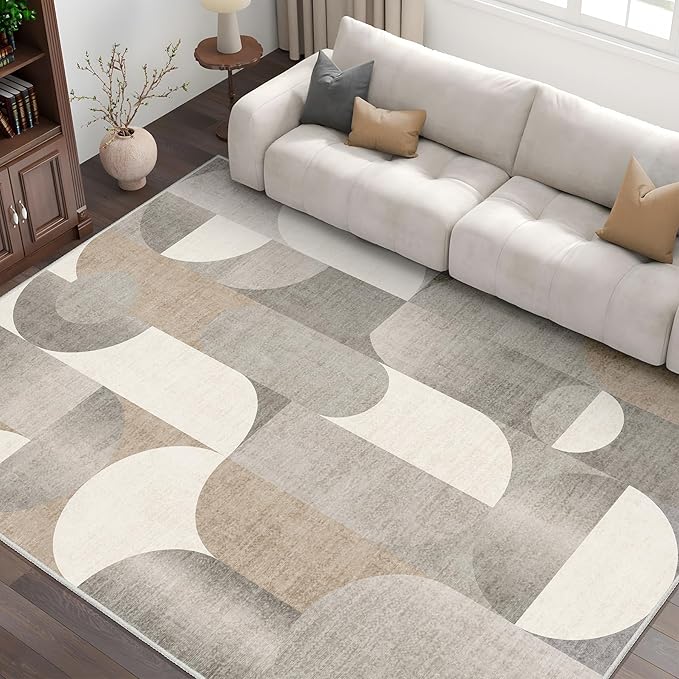 6x9 Area Rugs Beige Washable Rug for Living Room Bedroom,Large Modern Geometric Non Slip Carpet for Kitchen Dining Room