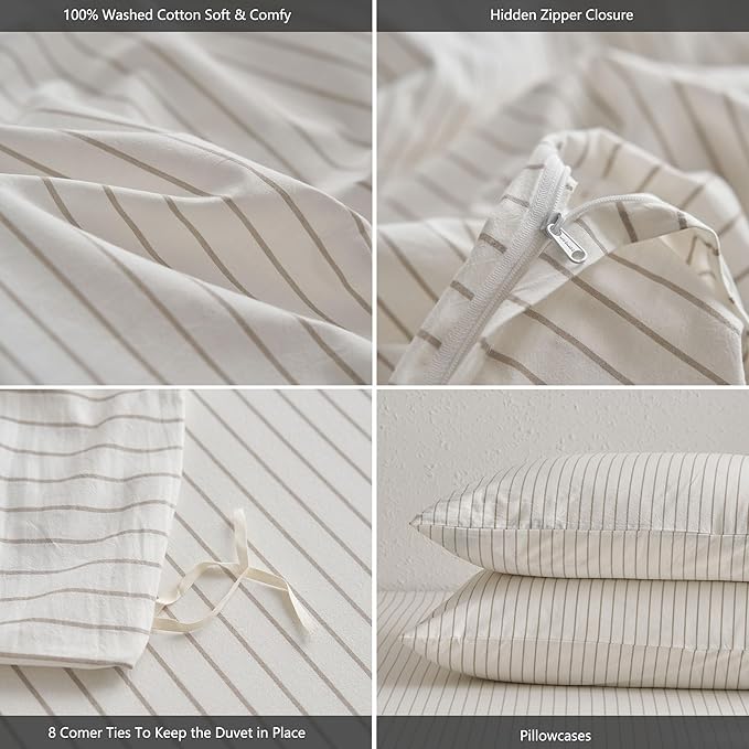 MooMee Striped Duvet Cover Set 100% Washed Cotton Linen Like Textured Breathable Durable Soft Comfy (White Tannish Linen Grey Wide Stripes, Cal King 104"x98")