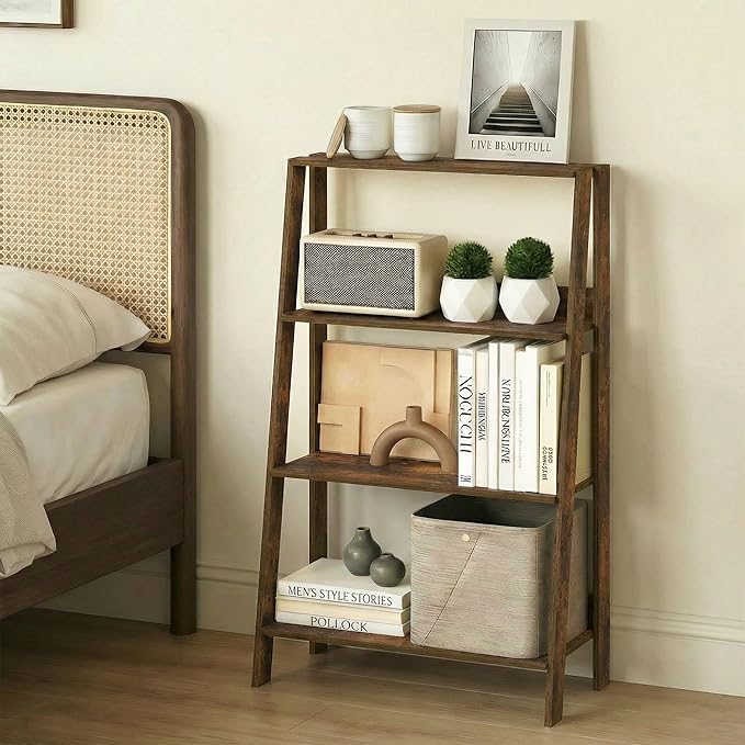 Furinno Ladder Shelf, 4-Tier Ladder Book Shelf, Open Frame Design Bookcase, Standing Display Storage Shelves, Storage Rack, for Organization and Storage, Living Room, Home Office, Amber Pine