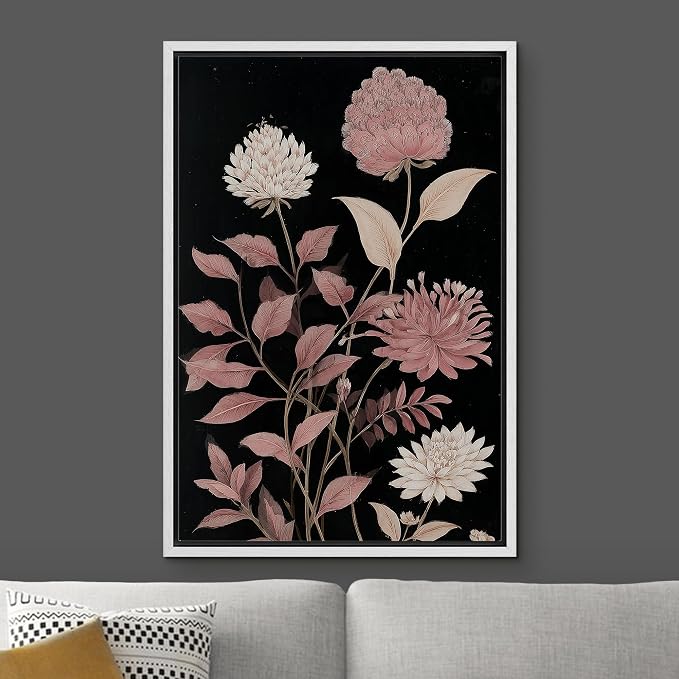 Woodrose Framed Canvas Print Wall Art Soft Pink Floral Arrangement Vintage Style Botanical Illustrations Modern Art Minimalist 3D Colorful Ultra for Living Room, Bedroom, Office - 24"x36" WHITE