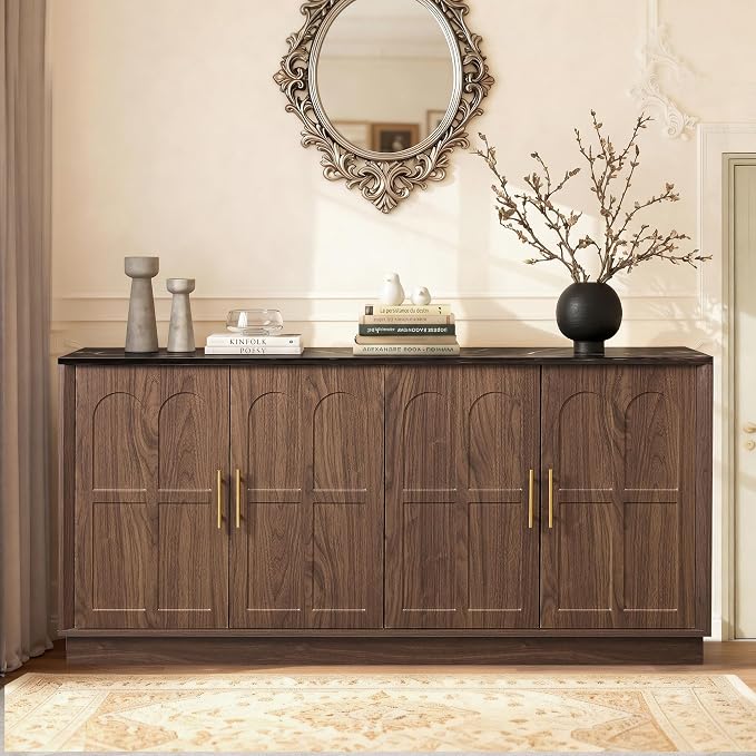 66.5" Sideboard Buffet Cabinet with Storage, Modern Credenza with Faux Marble Top & Arched Doors, Large Wood Accent Cabinet for Living Room, Kitchen, Entryway