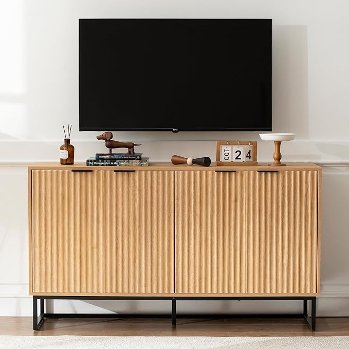 Fluted Storage Cabinet with 4 Doors, 55" Large Sideboard Buffet Cabinet with Adjustable Shelves Wooden Credenza Multifunctional Console Table for Dining Room Living Room, Natural Oak