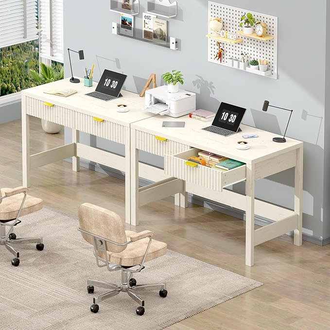 YOMILUVE Fluted Computer Desk with 2 Drawers, 39 Inch Small Computer Desk with Storage, Compact Writing Study Vanity Desk for Small Spaces, White