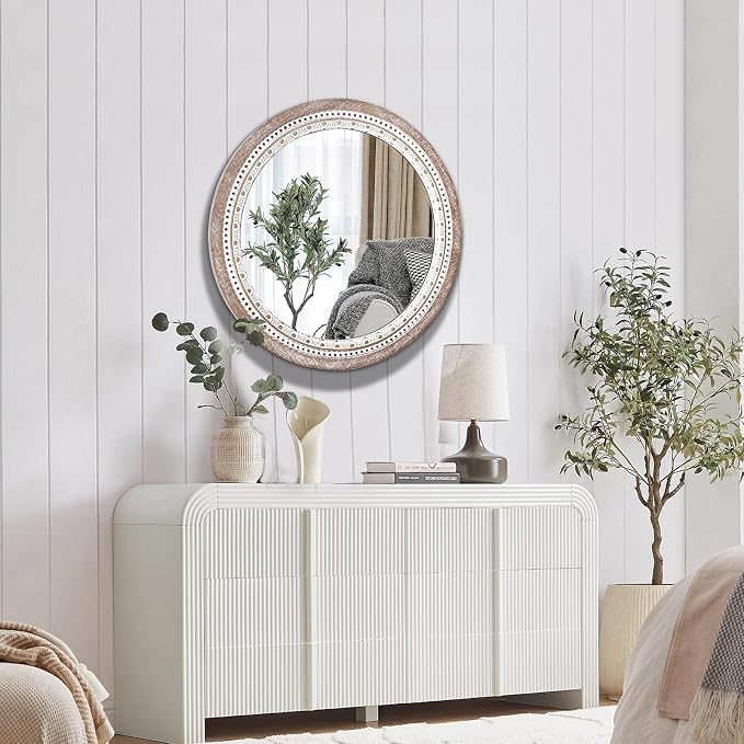 Reflinto 30 Inch Rustic Farmhouse Round Mirror for Wall Decor, | Boho Wood Frame Circle Decorative Mirrors for Bathroom Over Sink, Bedroom, Living Room, Entryway, Foyer