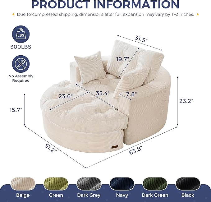 MAXYOYO Oversized Round Chaise Lounge Sofa, Upholstered Lounge Chair with 3 Pillows, Boneless Sofa Couch with Ottoman, Deep Seat Chair for Living Room, Bedroom, No Assembly, Beige