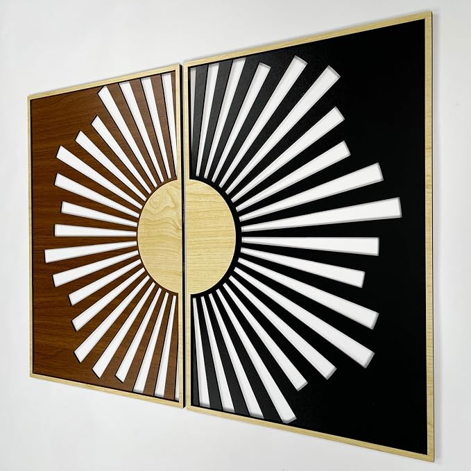 Boho Sun Wood Wall Art Set of 2, Mid Century Modern Sunburst Wall Decor, Celestial Wooden Diptych Panels, Geometric New House Gift for Living Room and Bedroom
