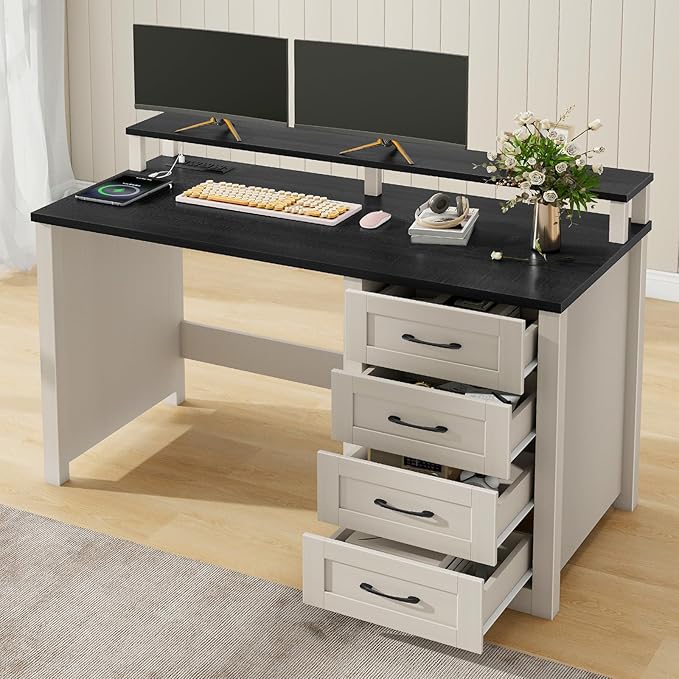 Vabches 47" Farmhouse Executive Desk with Monitor Stand and LED Lights,4 Drawers Computer Desk with Power Outlets,Large Workspace for Work Study Writing, (Black)