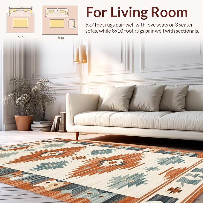 Flatwoven High Traffic Area Rug 4x6, Southwestern Horizon Vista, Non Slip, Stain Resistant, Washable Area Rugs for Living Room, Bedroom (Orange, 4x6)