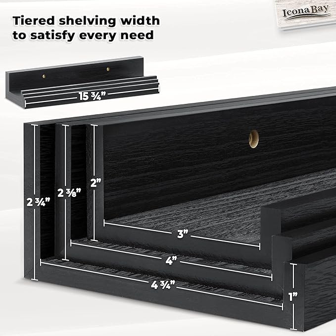 Icona Bay 16 Inch Floating Shelves for Wall - Set of 3 in Ebony Black - Modern Rustic Style - Wall Mounted Display Shelves - Picture Ledges