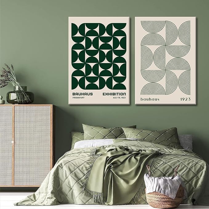 2Pcs Bauhaus Mid Century Modern Wall Art Retro Exhibition Posters Prints Green Boho Geometric Abstract Minimalist Wall Decor Pictures for Bedroom iving Room Dining Room Framed (Green, 16x24in Framed)