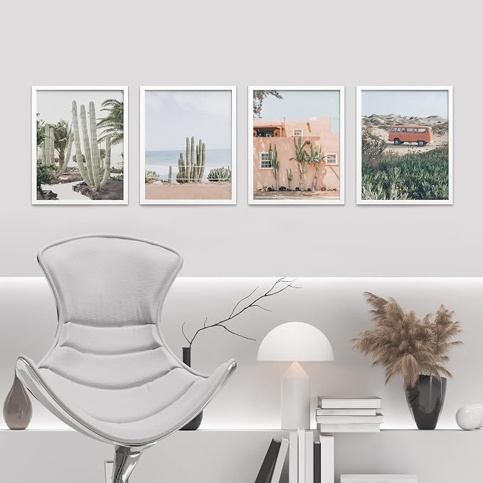 SIGNWIN Framed Cactus Desert Wall Art, Set of 4 Cactus Desert Wall Decor Prints, Nature Wilderness Wall Décor for Living Room, Bedroom - 8"x10"x 4 White