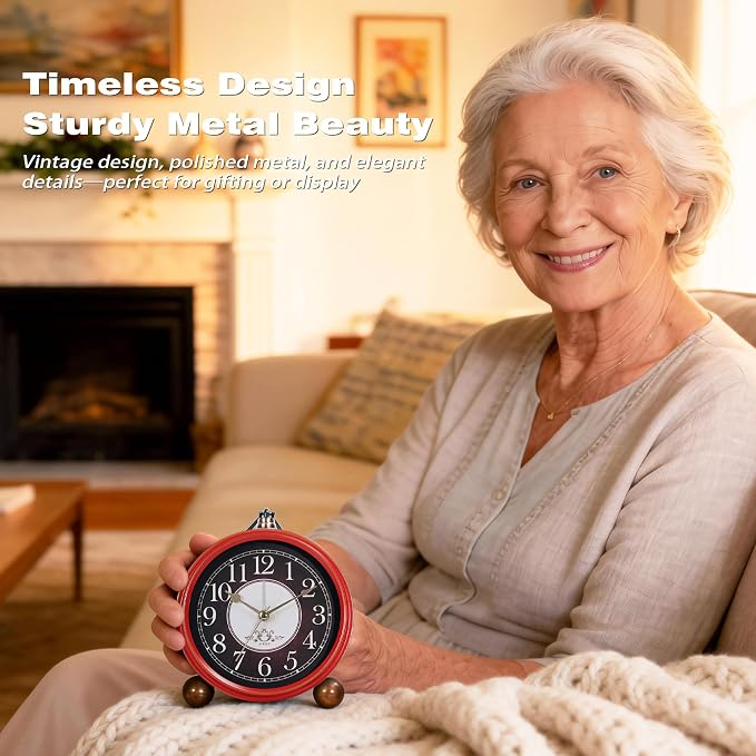 AYRELY® 5.3" Vintage Analog Alarm Clock, Battery Operated Metal Desk Clock, Retro Table Clock with Light for Living Rooms, Bedrooms, Shelf, Home Decor (Red-Black)