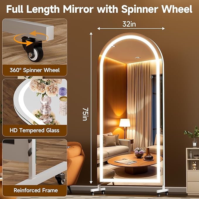 Hasipu 75" x 32" Arched LED Rolling Gym Mirror with Wheels, Dimmable Lighted Body Mirror with 3 Color Temperatures & Adjustable Brightness for Bedroom, Yoga Studio & Home Gym
