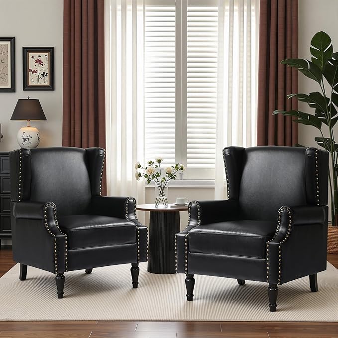 Faux Leather Wingback Chairs Set of 2, High Back Accent Chair, Comfy Upholstered Armchair with Nailhead Trim for Living Room, Single Sofa Reading Chair for Small Spaces, Bedroom-P Black