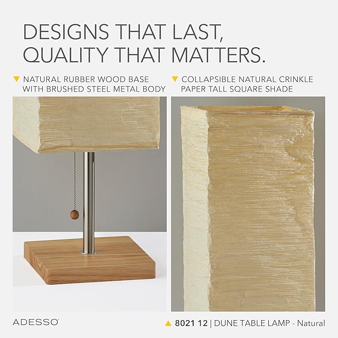 Adesso 8021-12 Dune Table Lamp, 25 in., 100 W Incandescent/ 26W CFL, Natural Rubber Wood/Steel Accents, 1 Table Lamp , White