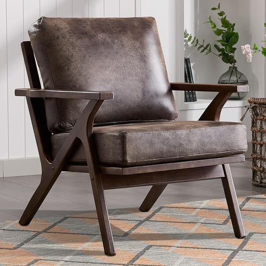 INZOY Mid-Century Modern Accent Chair with Wood Frame, PU Leather Living Room Chair and Soft Thick Padded Armchair for Living Room Bedroom Reception with Removable Upholstered Cushions, Dark Grey