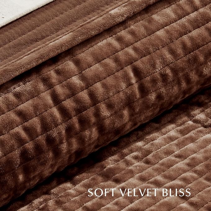 EverGrace Velvet Quilt Set King Size, Luxurious Soft Quilted Bedding Sets, Lightweight Velvet Comforter for All Season, Striped Channel Bedspread Coverlet with 2 Shams, Rust Brown