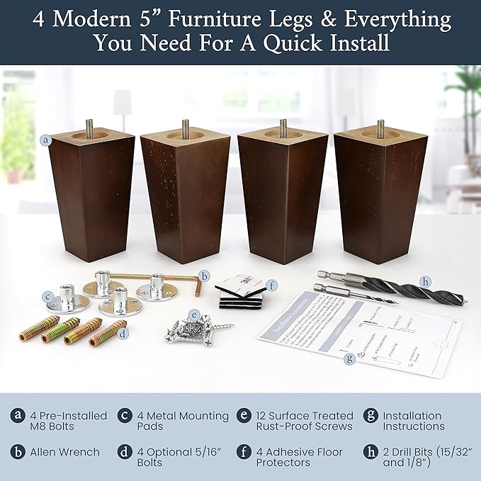 Premium Walnut Square Furniture Legs (Full Install Kit) - Pick Your Size and Color