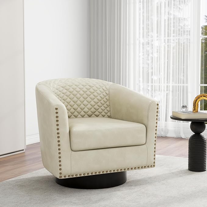 Swivel Barrel Accent Chair, Comfy Modern Upholstered Round Faux Leather Arm Chair for Living Room, Bedroom - Beige, Set of 2