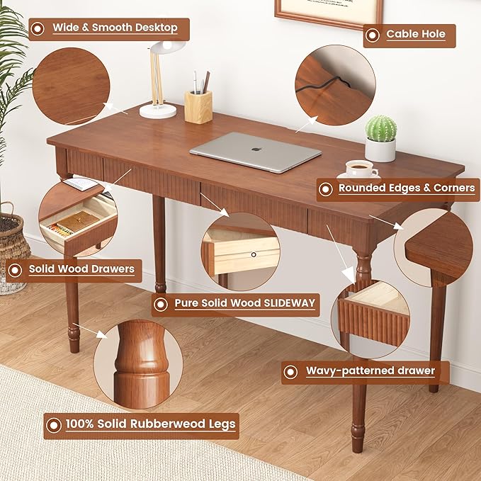 Solid Wood Desk with Drawers - 48 Inch Mid Century Modern Writing Desk,Simple Study Table Home Office Desks for Small Spaces,Easy Assembly Desks for Bedroom, Living Room&Office-Walnut Color