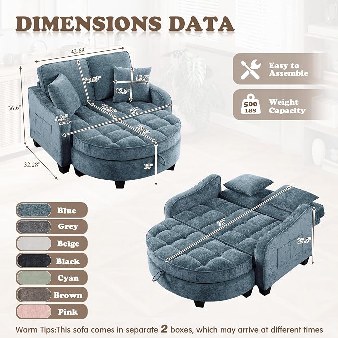 Oversized Chaise Lounge Chair Indoor with Ottoman, Chenille Tufted Comfy Loveseat Sofa Chair with Adjustable Backrest, Fluffy Recliner Sofa, Convertible Sleeper Couch Bed for Living Room(51"W, Blue)