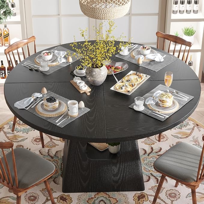 KEIKI 47" Round Dining Table for 4-6, Mid Century Modern Kitchen Table with Storage Base, Wooden Corner Dinner Desk for Living Room Breakfast Nook Restaurant, Easy Assembly, Black