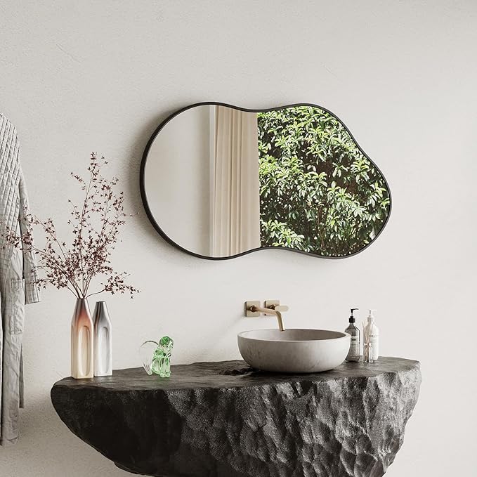 Irregular Wall Mirror - 24''×36'' Asymmetrical Decorative Tempered Glass Aluminum Alloy Framed Mirrors Cloud Mirror Wavy Mirrors for Bathroom, Bedroom, Living Room, Entryway（Black）