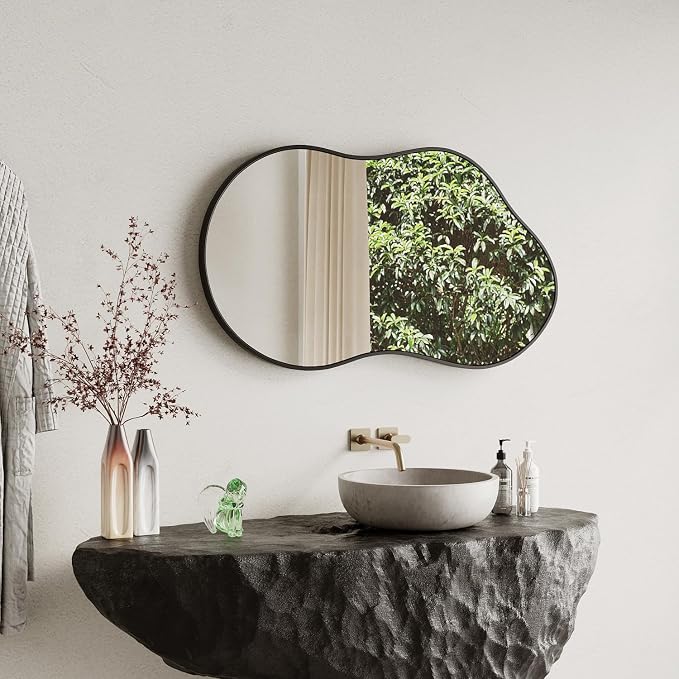 Irregular Wall Mirror - 24''×36'' Asymmetrical Decorative Tempered Glass Aluminum Alloy Framed Mirrors Cloud Mirror Wavy Mirrors for Bathroom, Bedroom, Living Room, Entryway（Black）