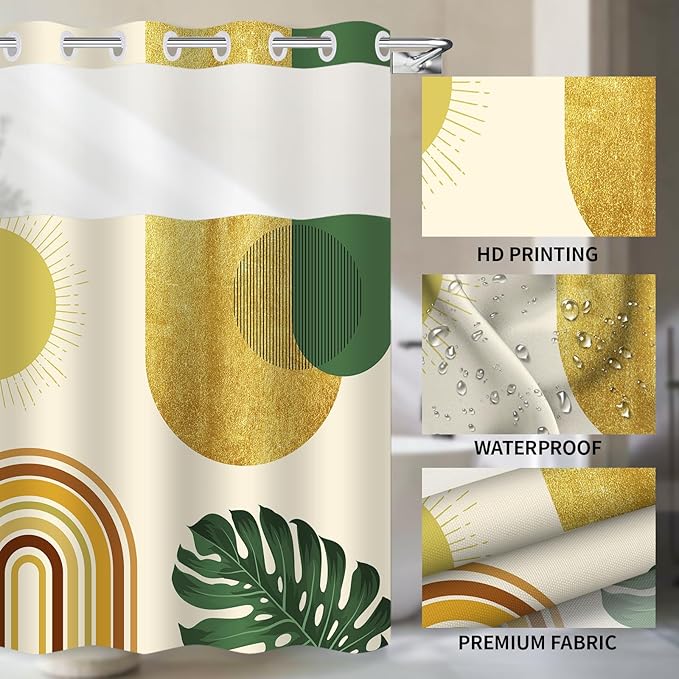 No Hook Shower Curtain and Liner Set Minimalist Boho Bathroom Decor,Yellow Mid Century Modern,Shower Curtain with Window and White Lining is Detachable,71x74inch
