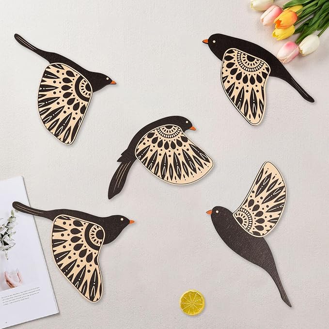 flangairy Bird Wall Decor, 5 Pcs Wooden Birds Wall Art, Rustic Folk Art for Home Office Kitchen Bathroom Living Room Bedroom Boho Decor(Black)